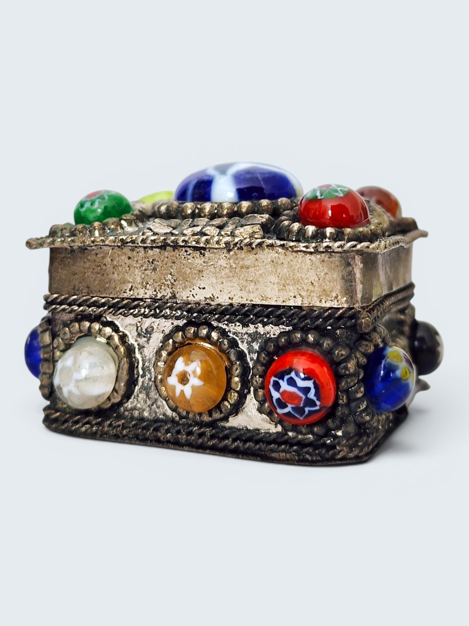 Millefiori Glass Bead & Metal Trinket Box from India - Image 4