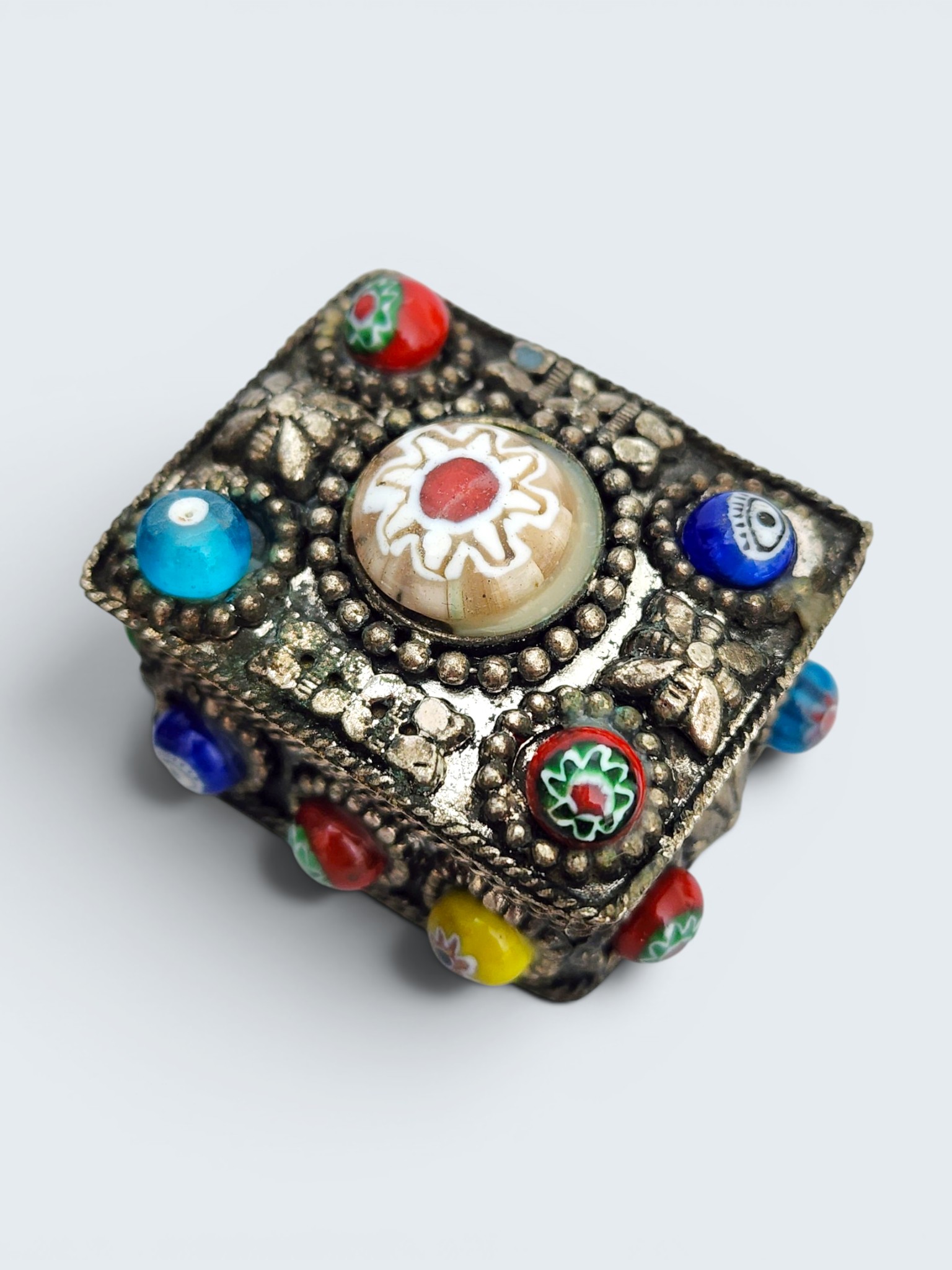 Millefiori Glass Bead & Metal Trinket Box from India - Image 6