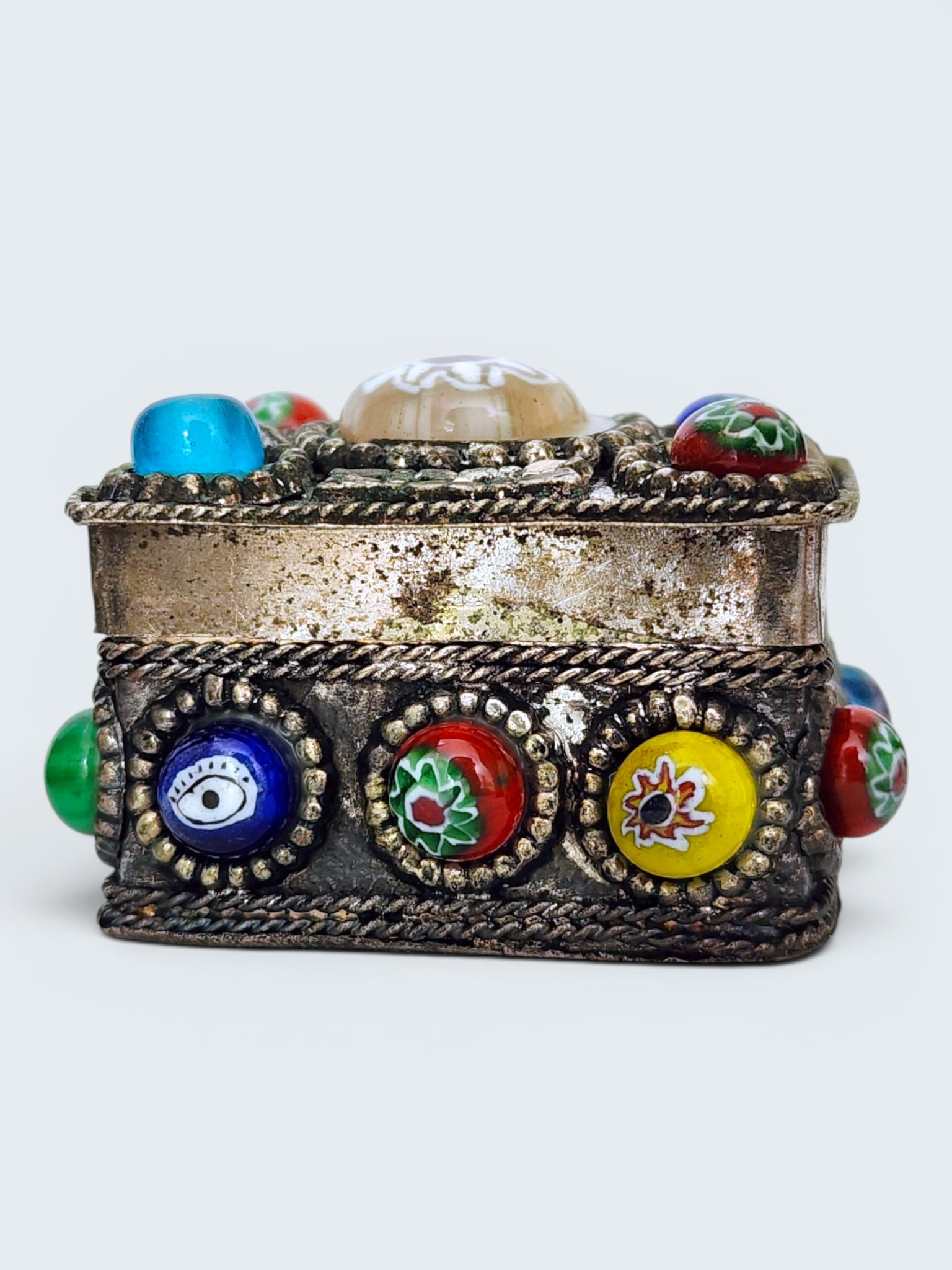 Millefiori Glass Bead & Metal Trinket Box from India - Image 7