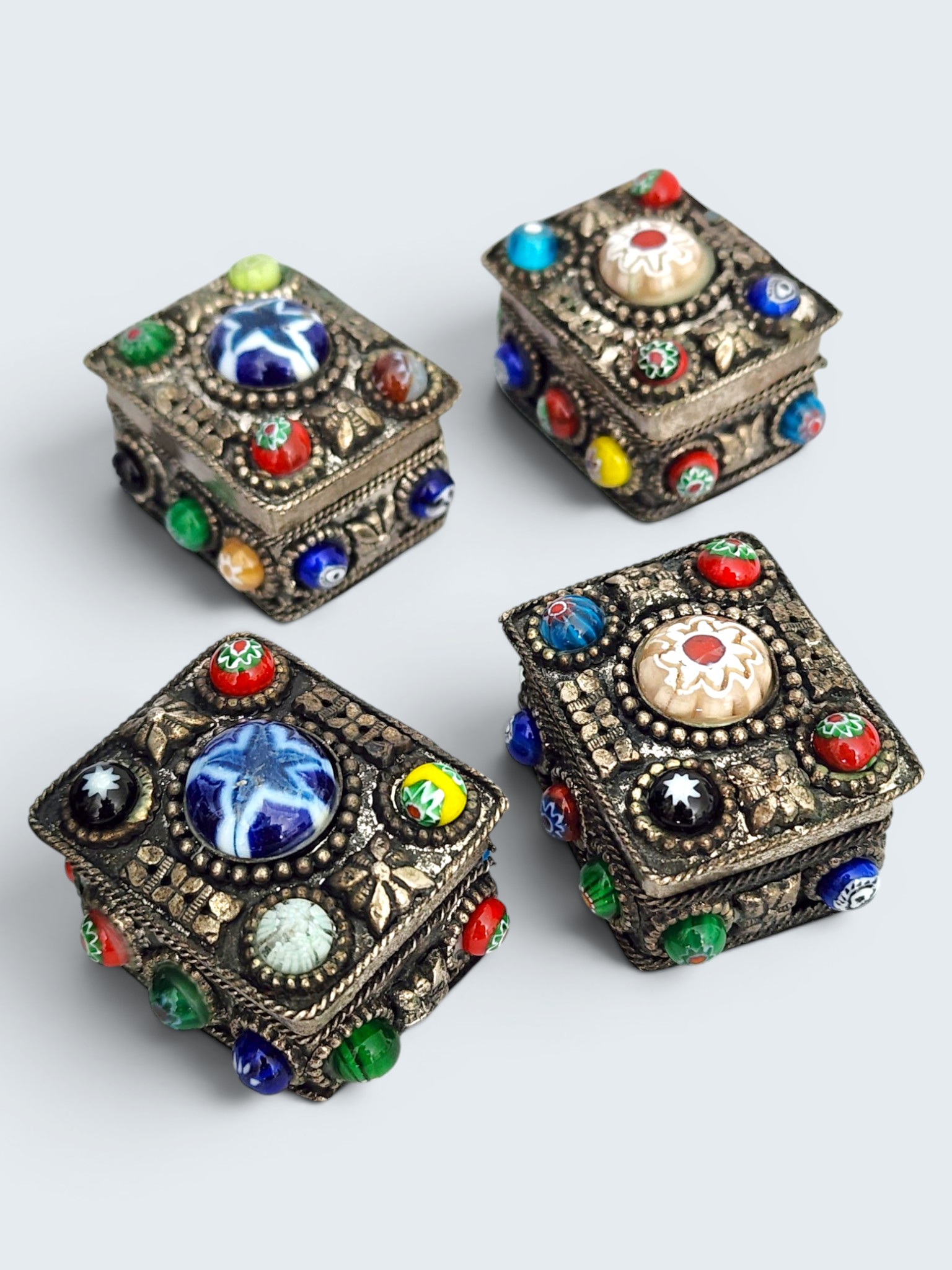 Vintage Indian Millefiori Glass Trinket Box | Decorative Metal Pill Box Glass Beads | Bohemian Glass Bead Keepsake Box India