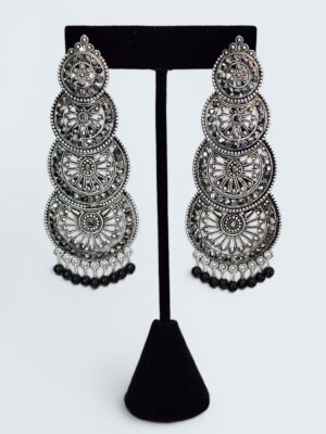 Indian Marcasite Filigree Earrings | Silver Four-Disc Chandelier Drop Earrings | Boho Indian Silver Beaded Earrings