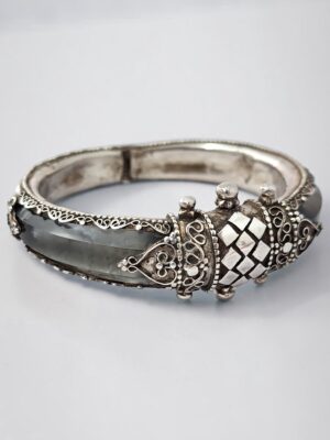 Sri Lankan Sterling Silver Bangle Bracelet | Vintage Kandy Silver Estate Jewelry | Antique South Asian Silver Glass Cuff Bracelet