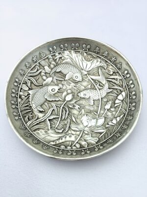 Chinese White Copper Koi Fish Plate | Feng Shui Prosperity Fish Dish | Chinese Auspicious Koi Lotus Collectible Plate