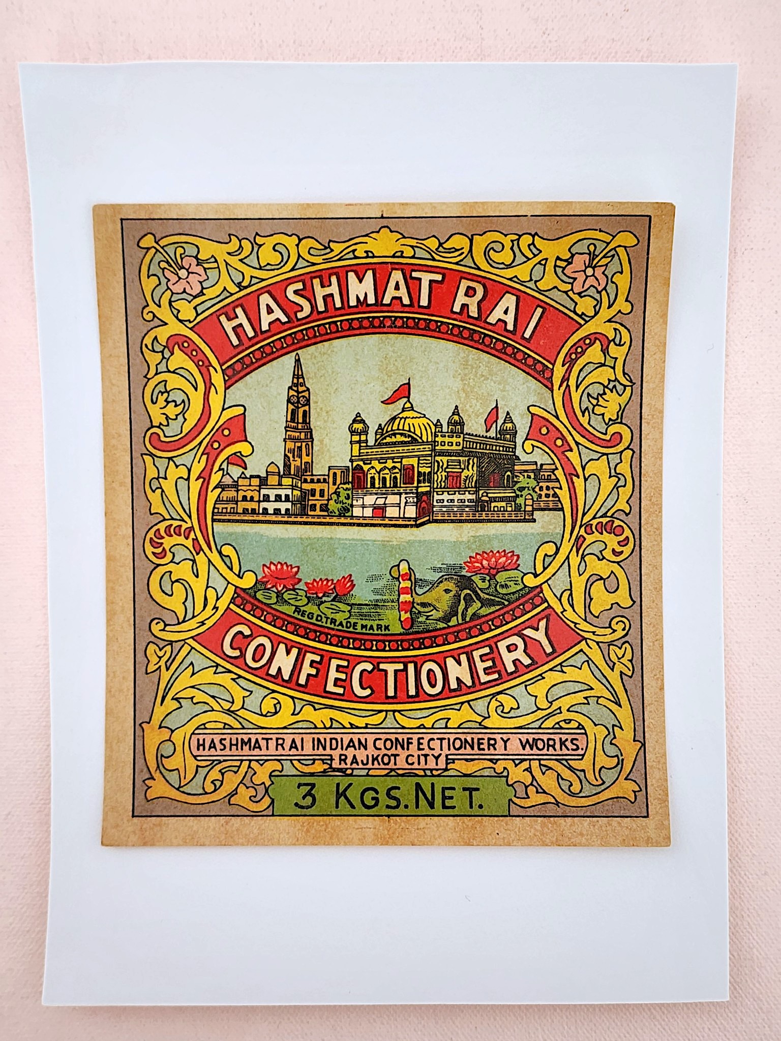 Hashmat Rai Confectionery Lithograph Label | Antique Indian Sweets Trade Label | Vintage Rajkot City Confectionery Ephemera