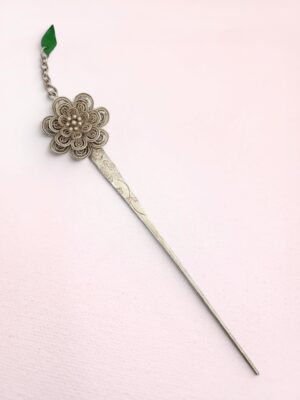 Chinese Filigree Flower Hairpin Jade Leaf | Vintage Silver Buyao Hairpin China | Antique Chinese Bridal Hair Ornament