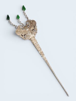 Chinese Silver Butterfly Hairpin Jade Leaves | Vintage Buyao Jade Hairpin China | Antique Chinese Bridal Hair Ornament Silver
