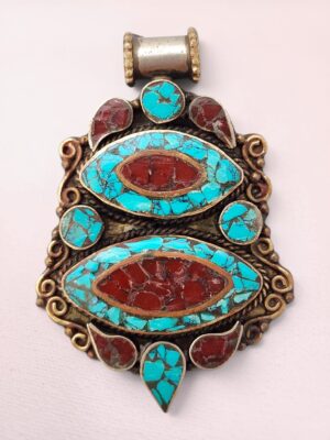 Tibetan Eye Pendant Turquoise Coral | Vintage Tibetan Silver Inlay Pendant | Himalayan Double Eye Talisman