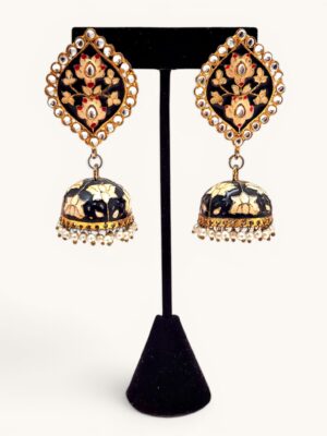 Meenakari Jhumka Earrings Black Gold | Indian Kundan Jhumka with Pearl Fringe | Rajasthani Meenakari Bridal Earrings