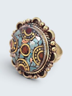 Nepalese Brass Blue Pink Turquoise Coral Ring | Tibetan Mosaic Pinwheel Statement Ring | Boho Silver Brass Inlay Ring