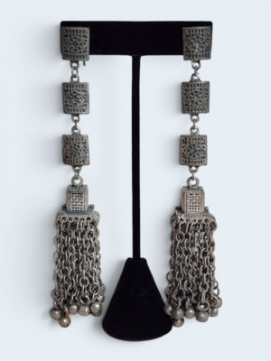 Vintage Ghungroo Tassel Earrings India | Long Silver Chain Drop Earrings | Tribal Bell Chain Statement Earrings