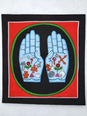 Buddha Hands Auspicious Symbols Canvas Nepal | Sacred Healing Hands Buddhist Painting | Hamsa Buddha Hands Palm Reading Folk Art Nepal