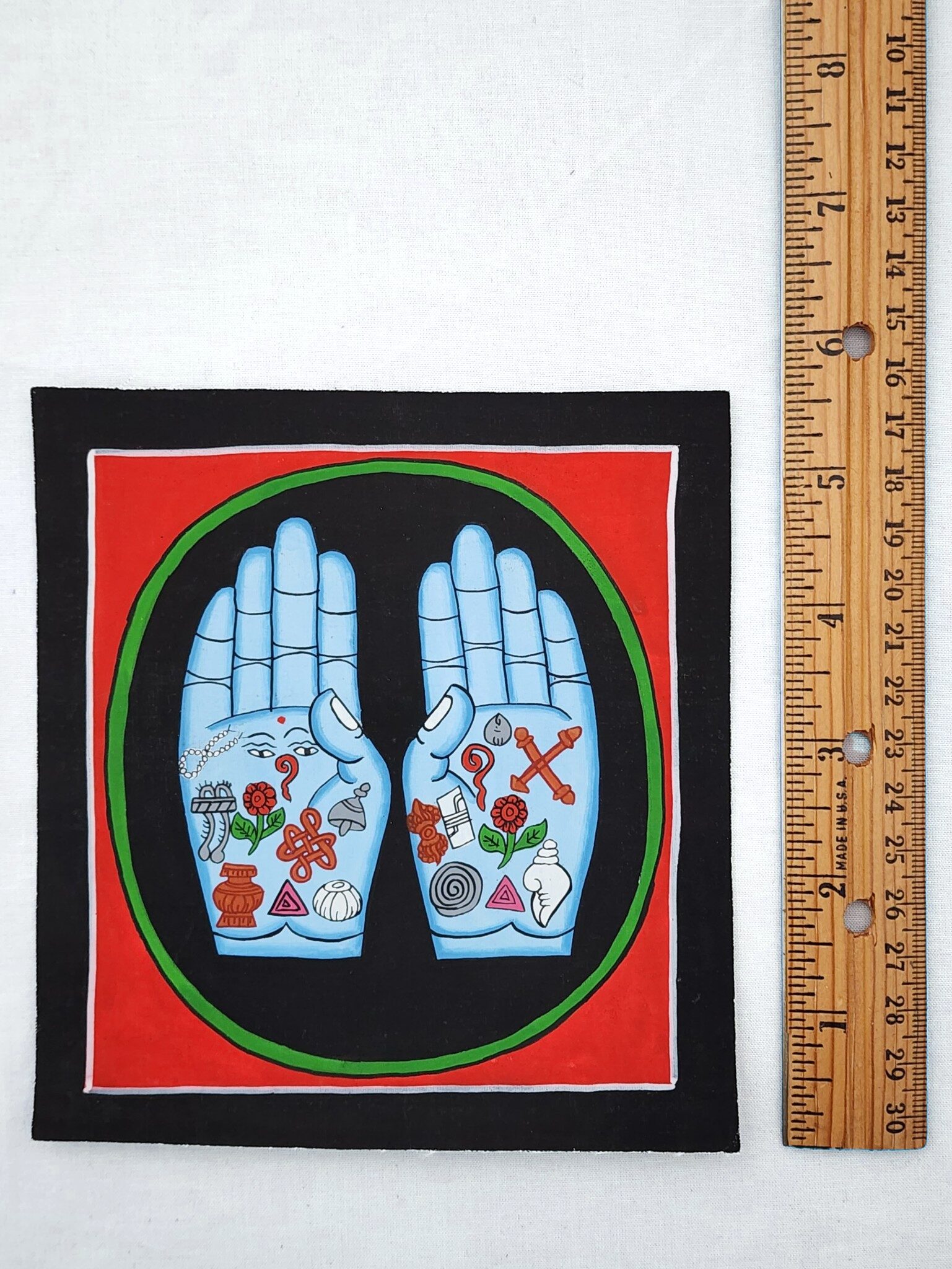 Buddha Hands Auspicious Symbols Canvas Nepal | Sacred Healing Hands Buddhist Painting | Hamsa Buddha Hands Palm Reading Folk Art Nepal