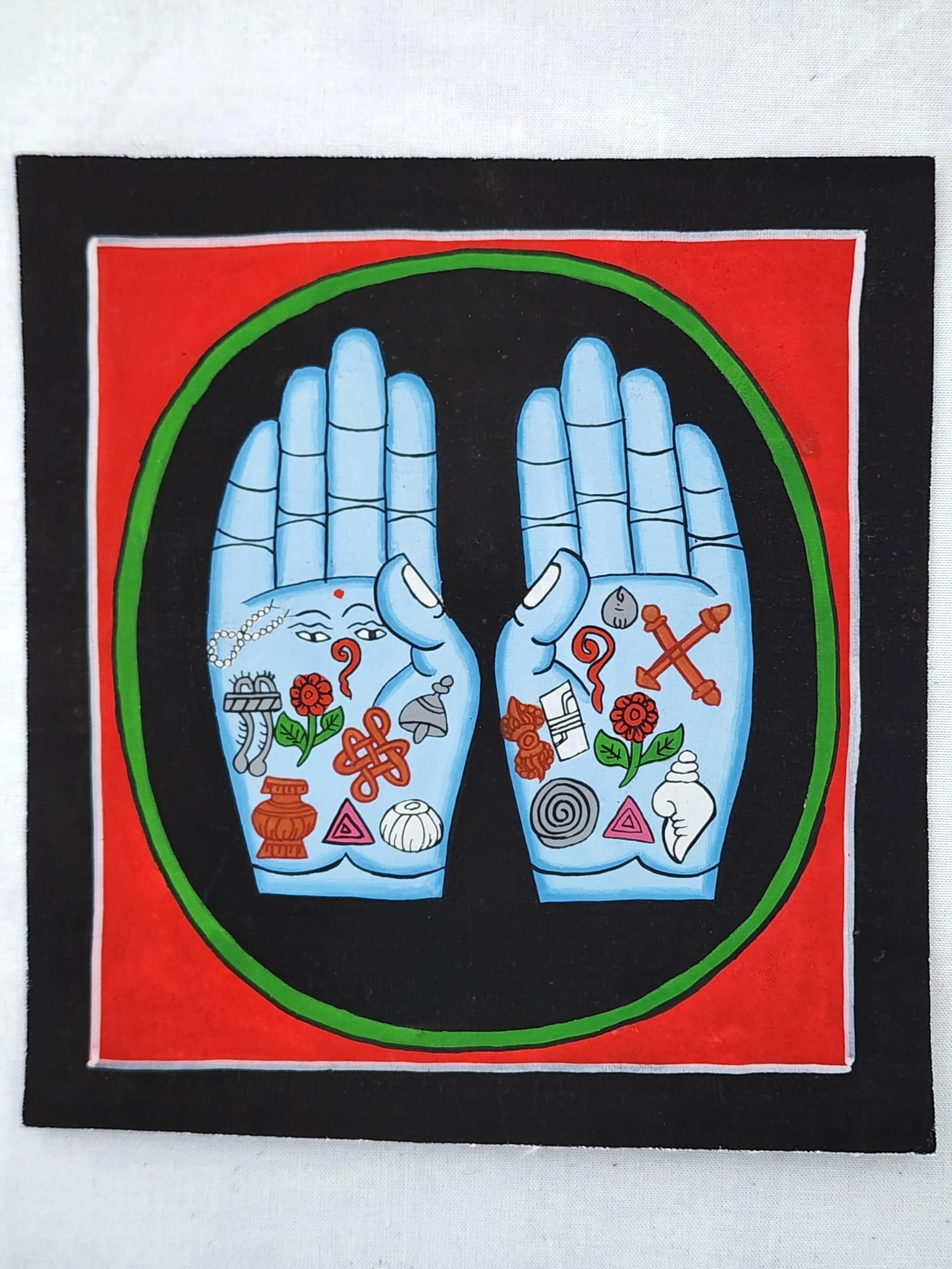 Buddha Hands Auspicious Symbols Canvas Nepal | Sacred Healing Hands Buddhist Painting | Hamsa Buddha Hands Palm Reading Folk Art Nepal