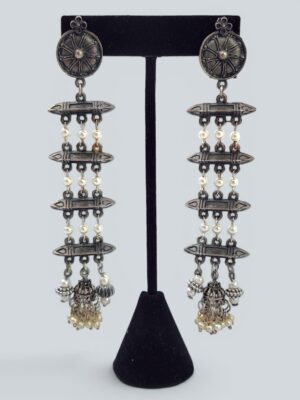 Silver Pearl Chandelier Earrings India | Long Oxidized Jhumka Pearl Earrings | Indian Tribal Beaded Drop Earrings