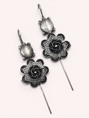 Silver Turtle Flower Ear Cuff Earrings India | Oxidized Silver Threader Drop Earrings | Tribal Boho Flower Ear Cuff