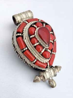 Tibetan Gau Box Coral Pendant | Silver Ghau Prayer Locket Necklace | Himalayan Coral Amulet Pendant Leather Cord