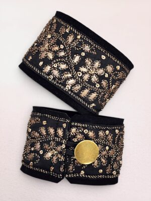 Zardozi Gold Thread Cuff Bracelet | Vintage Indian Embroidery Leather Cuff | Handmade Zari Gold Floral Bracelet