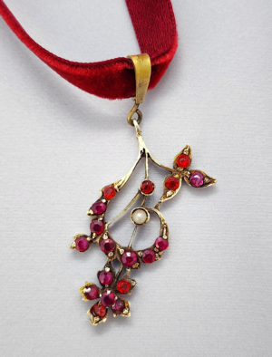 Vintage Gold-Plated Pendant Necklace with Fuchsia and Red Rubies, Faux Pearl Center, Sri Lankan Estate Jewelry