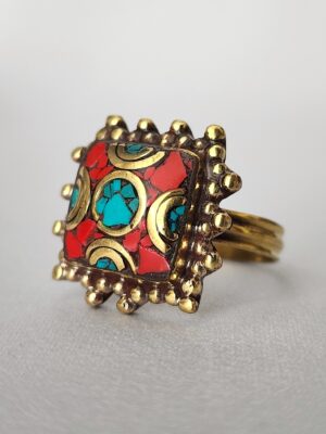 Nepalese Brass Ring with Coral and Turquoise Mosaic Inlay and Half Circle Design