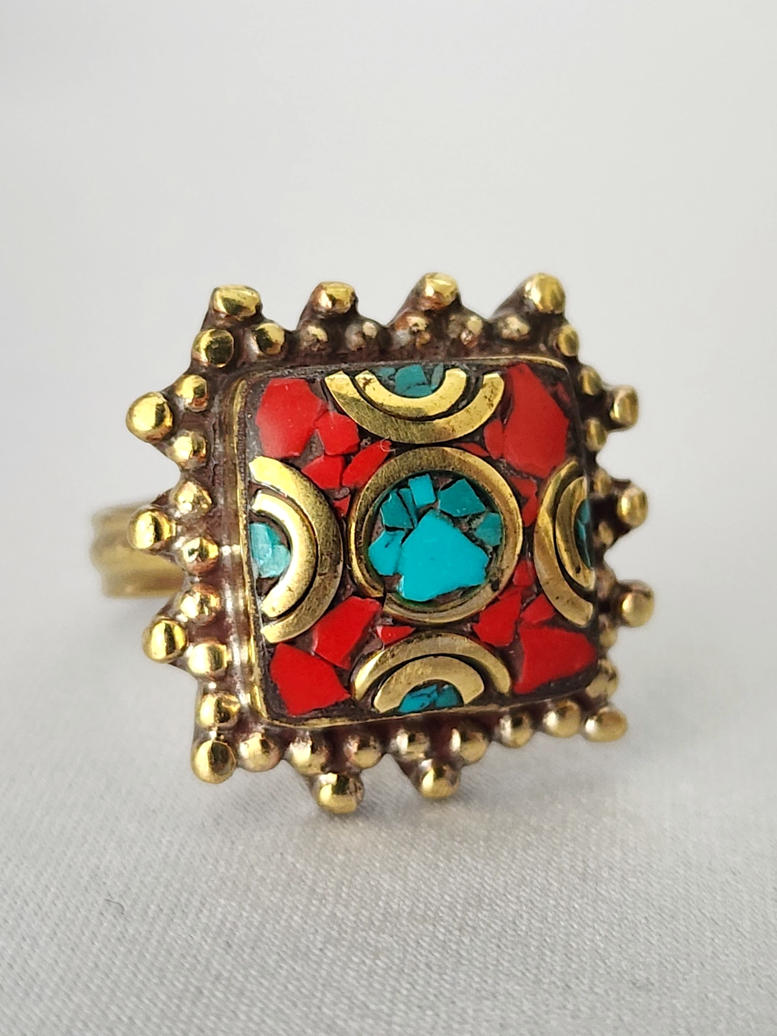 Nepalese Brass Ring with Coral and Turquoise Mosaic Inlay and Half Circle Design