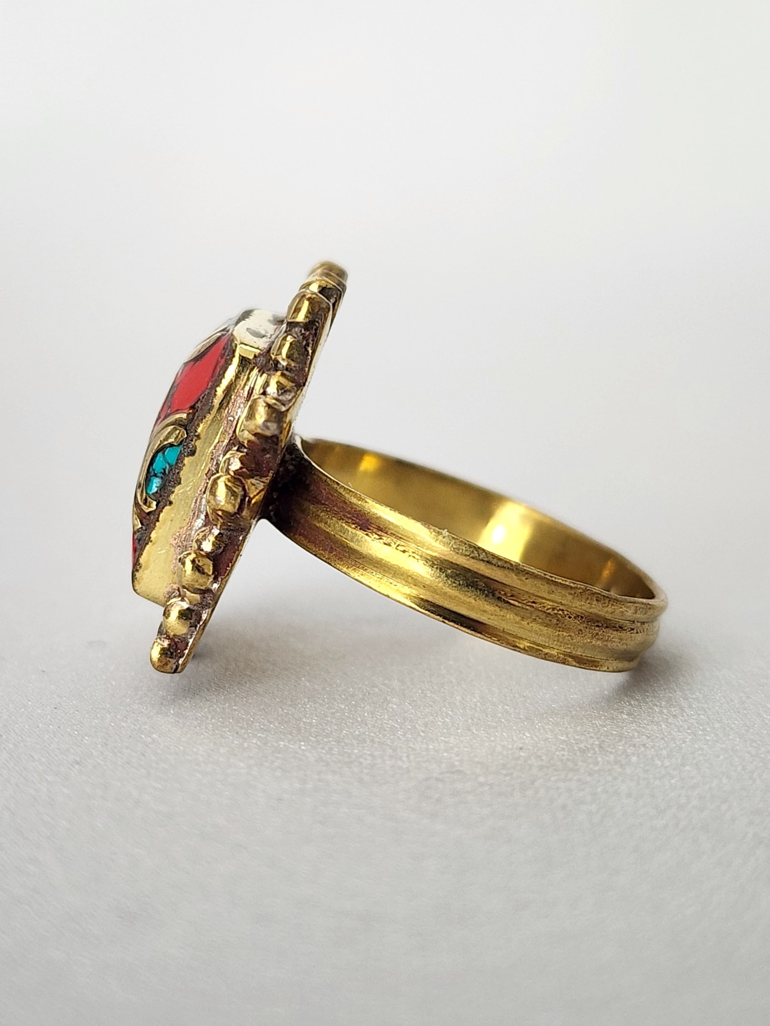 Nepalese Brass Ring with Coral & Turquoise - Image 3