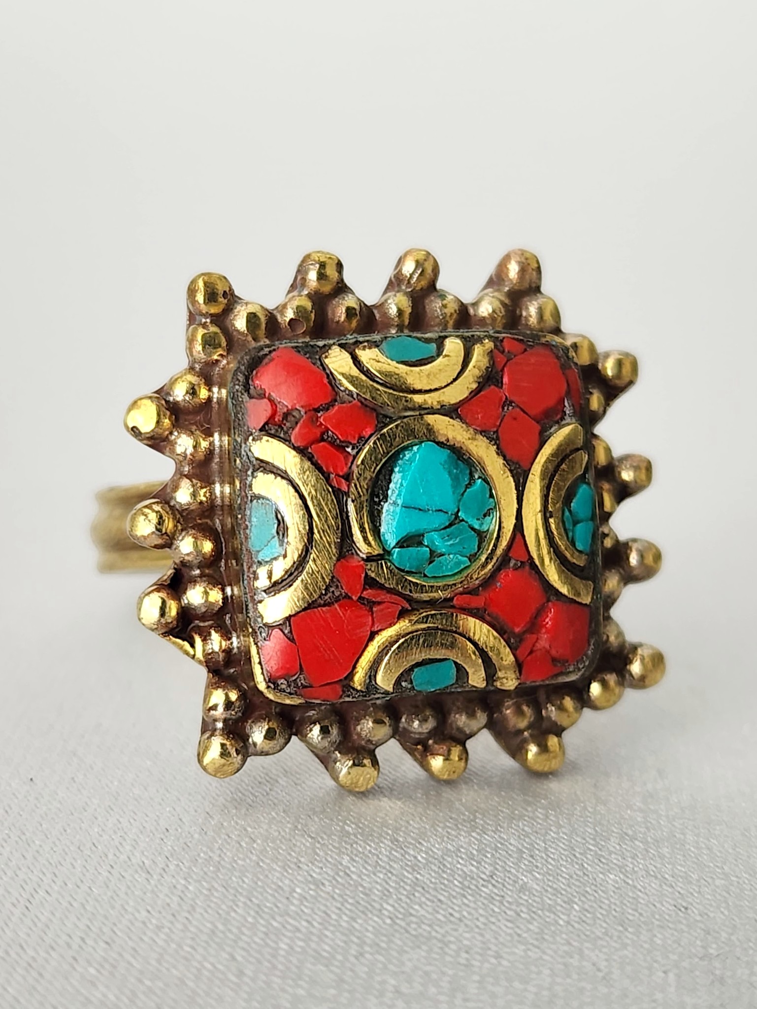 Nepalese Brass Ring with Coral & Turquoise - Image 8