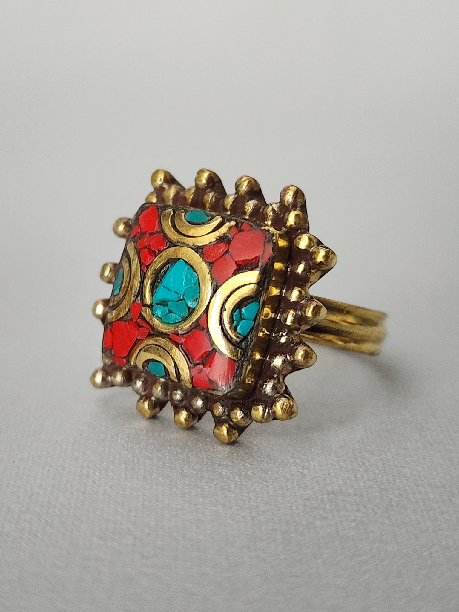 Nepalese Brass Ring with Coral & Turquoise - Image 7