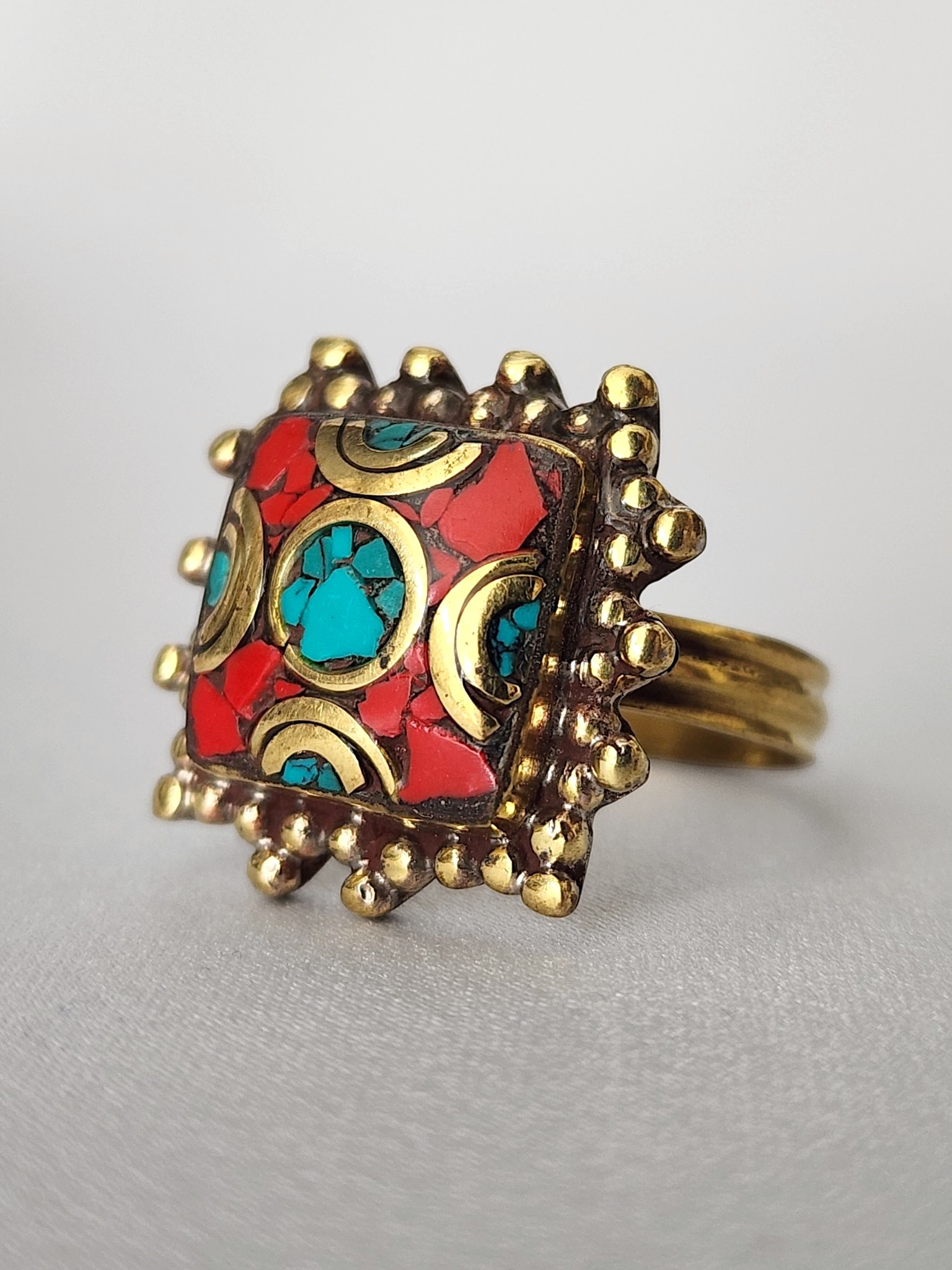 Nepalese Brass Ring with Coral and Turquoise Mosaic Inlay and Half Circle Design