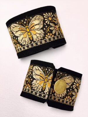 Vintage Parsi Embroidered Silk Butterfly Cuff Bracelet | Handmade Indian Trim Bracelet | Boho Suede Leather Cuff