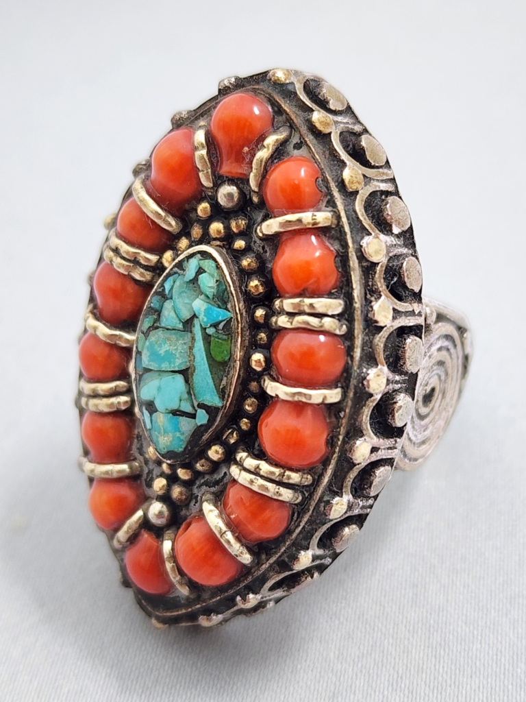 Vintage Tibetan Silver-Plated Brass Ring with Coral Bead Rows and Turquoise Mosaic Inlay, Antique Northern India Jewelry