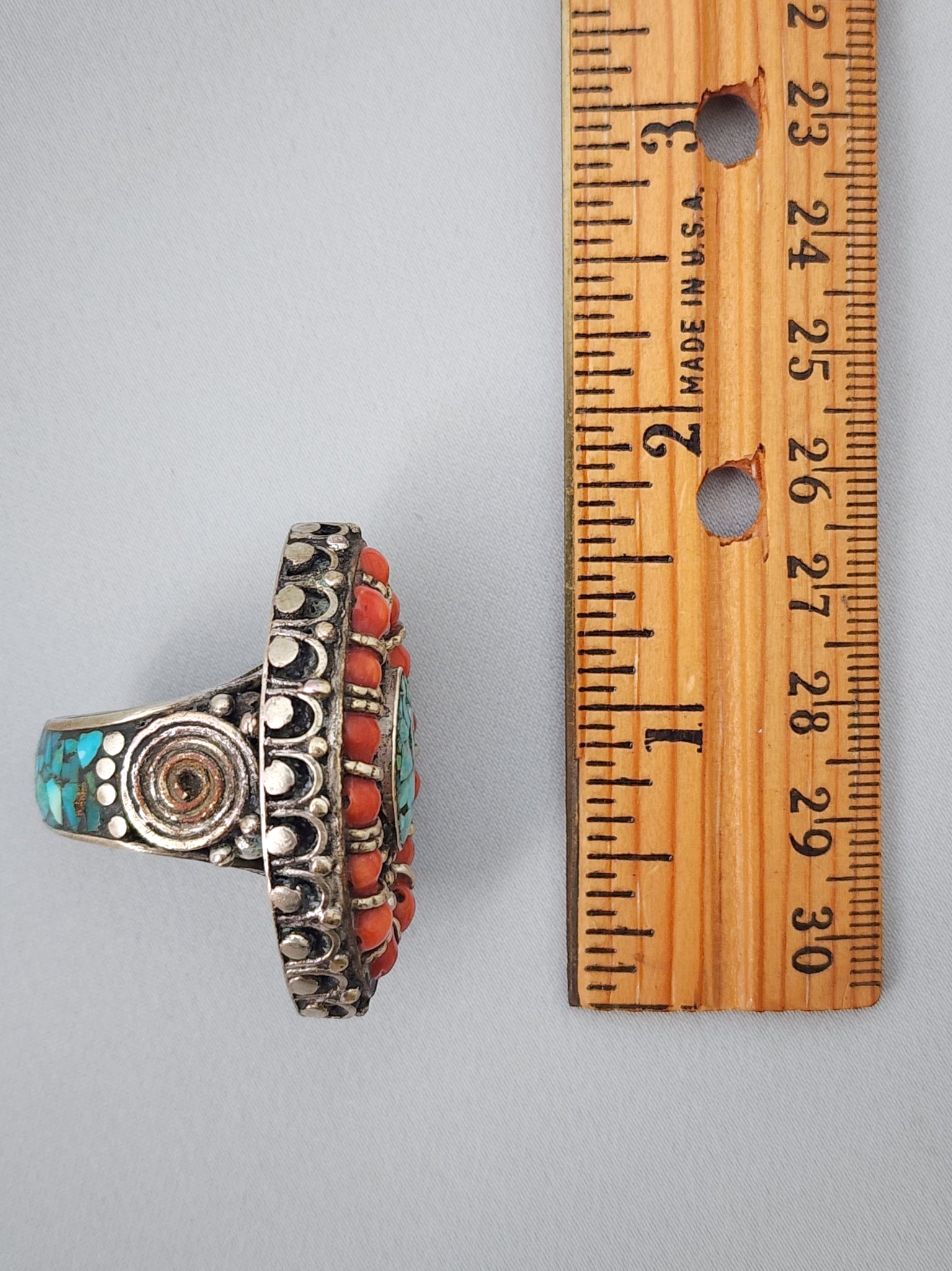 Vintage Tibetan Silver-Plated Brass Ring with Coral Bead Rows and Turquoise Mosaic Inlay, Antique Tibet Nepal India Jewelry