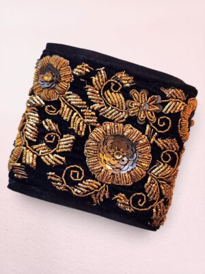 Vintage Zardozi Embroidered Floral Cuff Bracelet | Handmade Indian Trim Bracelet | Boho Suede Leather Cuff