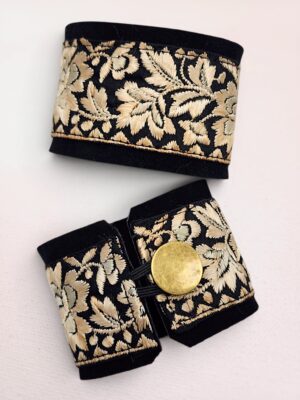 Vintage Antique Gold Parsi Embroidered Silk Floral Vine Cuff Bracelet on Black Suede with Brass Button Closure