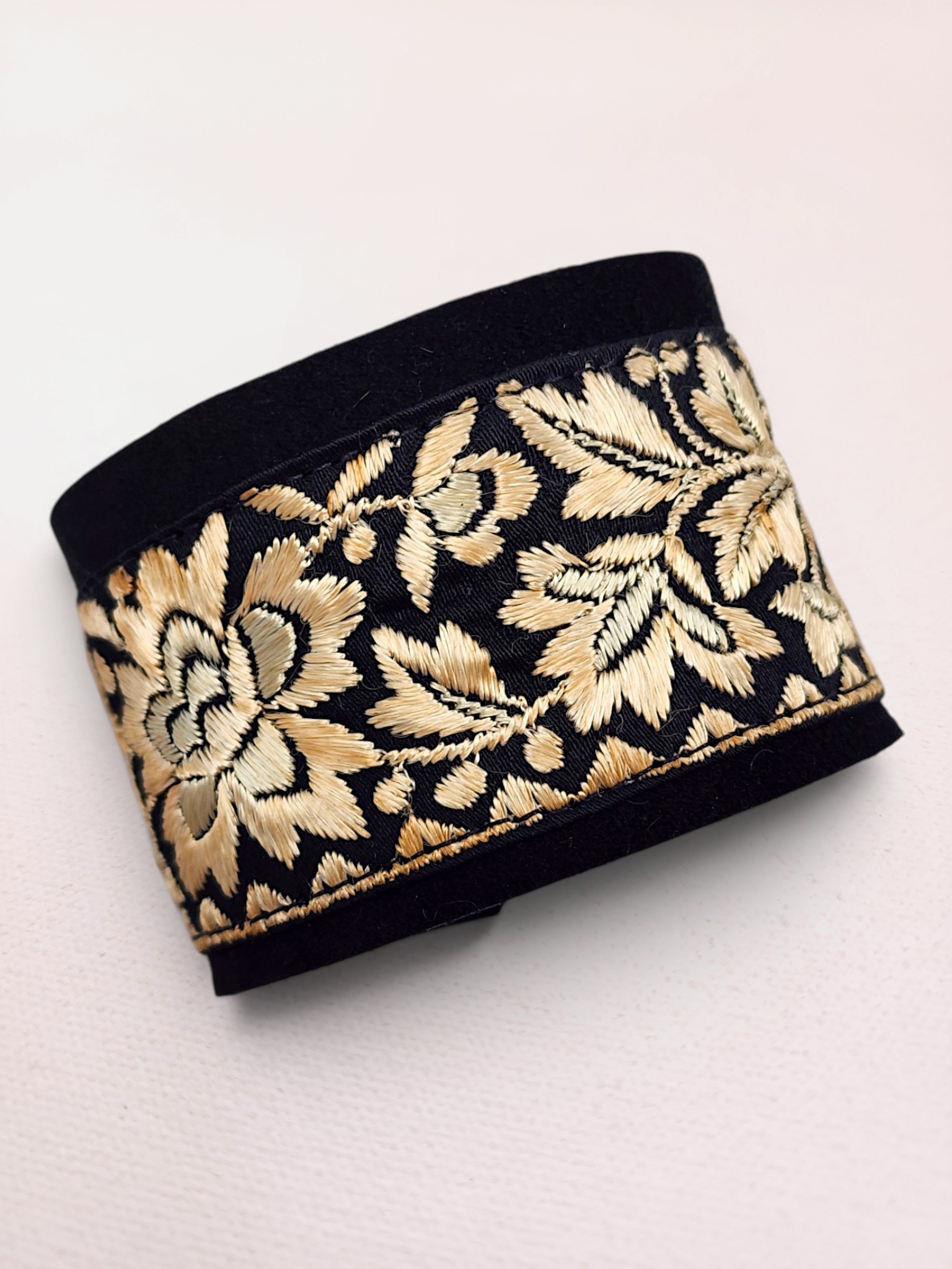 Vintage Antique Gold Parsi Embroidered Silk Floral Vine Cuff Bracelet on Black Suede with Brass Button Closure