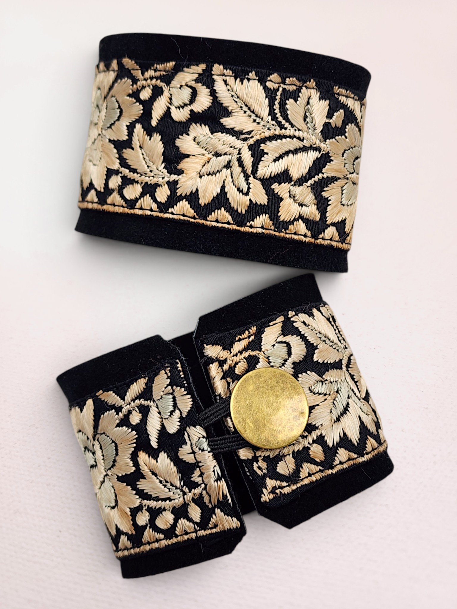 Vintage Antique Gold Parsi Embroidered Silk Floral Vine Cuff Bracelet on Black Suede with Brass Button Closure