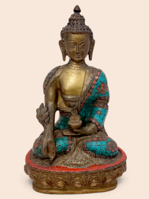 Tibetan Buddha Statue with Turquoise & Coral Inlay | Rare Antique Brass Buddha from Northern India | Himalayan Buddhist Statue
