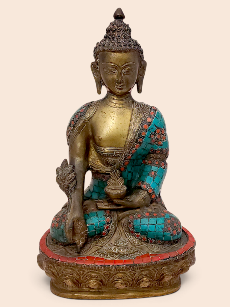 Tibetan Buddha Statue with Turquoise & Coral Inlay | Rare Antique Brass Buddha from Northern India | Himalayan Buddhist Statue