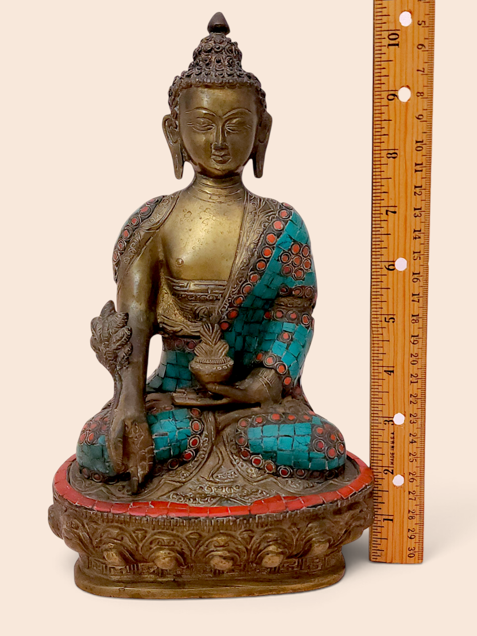 Tibetan Buddha Statue with Turquoise & Coral Inlay | Rare Antique Brass Buddha from Northern India | Himalayan Buddhist Statue