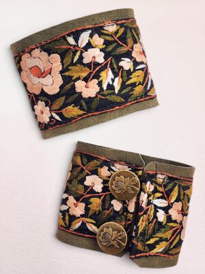 Vintage Embroidered Parsi Silk Floral Cuff Bracelet with Olive Green Suede Trim and Brass Button Closure