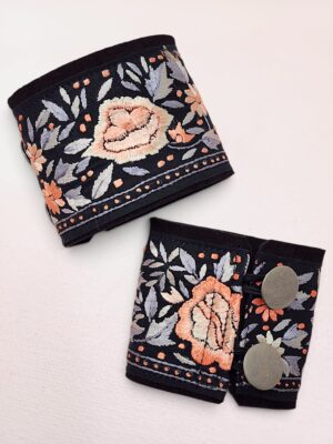 Vintage Pink and Blue Rose Embroidered Parsi Silk Cuff Bracelet with Silver Button Closure