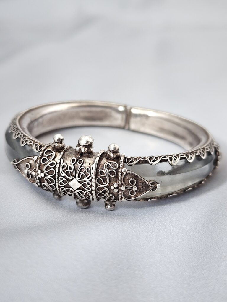 Vintage Sterling Silver Hinged Bangle Bracelet with Smoky Glass Panels, Kandy Sri Lanka Estate Jewelry
