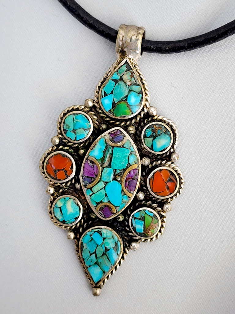 Vintage Tibetan Sterling Silver Turquoise, Coral & Amethyst Pendant Necklace | Himalayan Mosaic Inlay Jewelry | Boho Statement Necklace