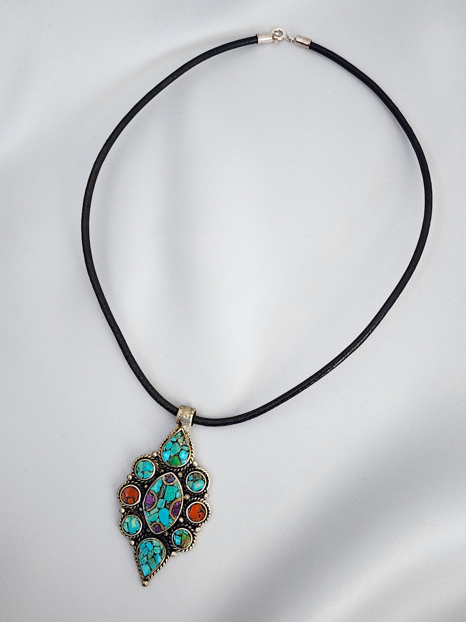 Vintage Tibetan Sterling Silver Turquoise Coral & Amethyst Pendant Necklace - Image 2