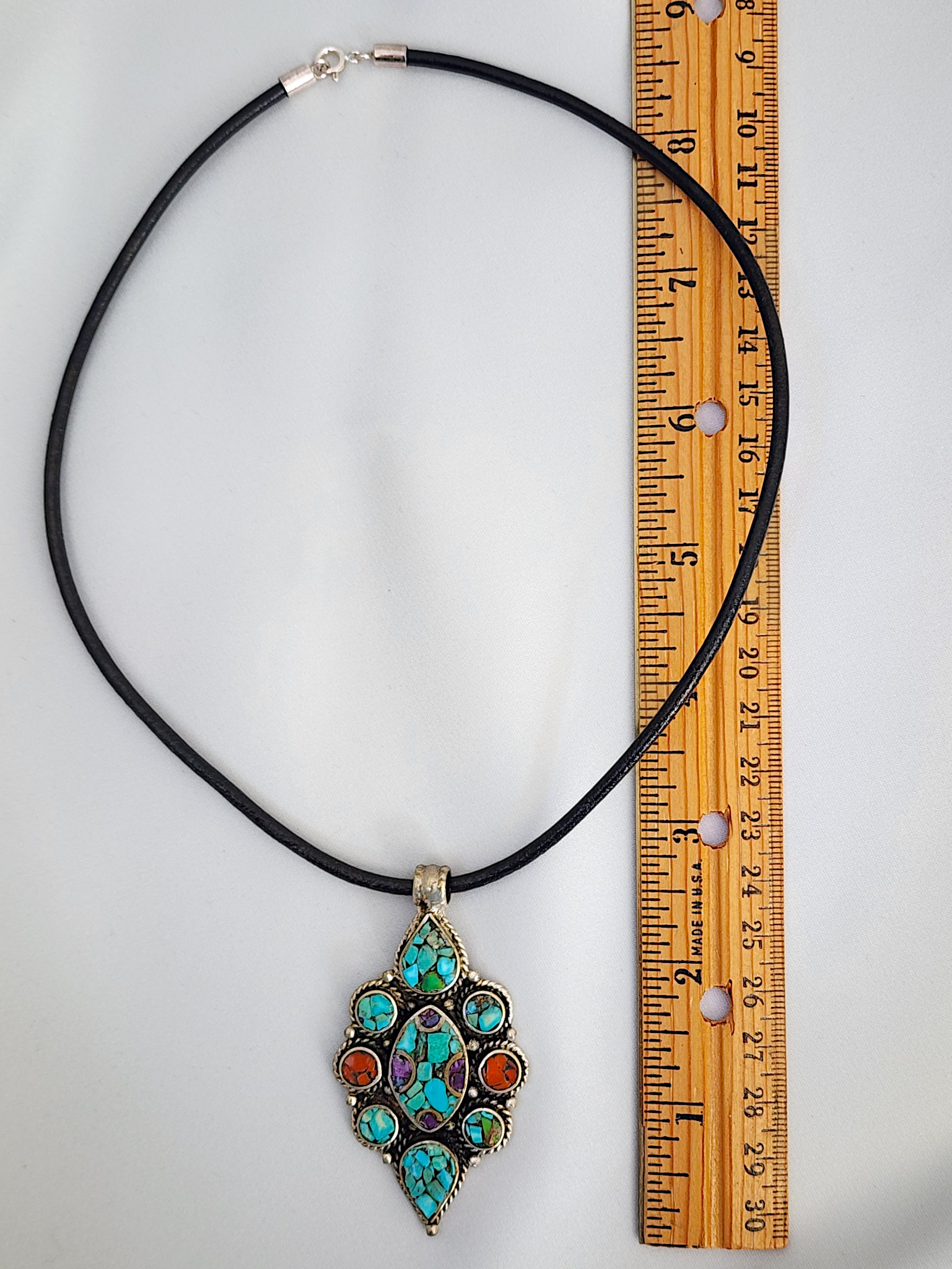 Vintage Tibetan Sterling Silver Turquoise Coral & Amethyst Pendant Necklace - Image 9