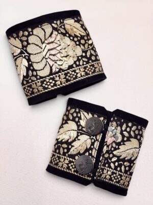 Vintage Embroidered Indian Parsi Silk Flower Cuff Bracelet in Antique Silver with Blush Pink and Gray-Blue, Black Suede Backing