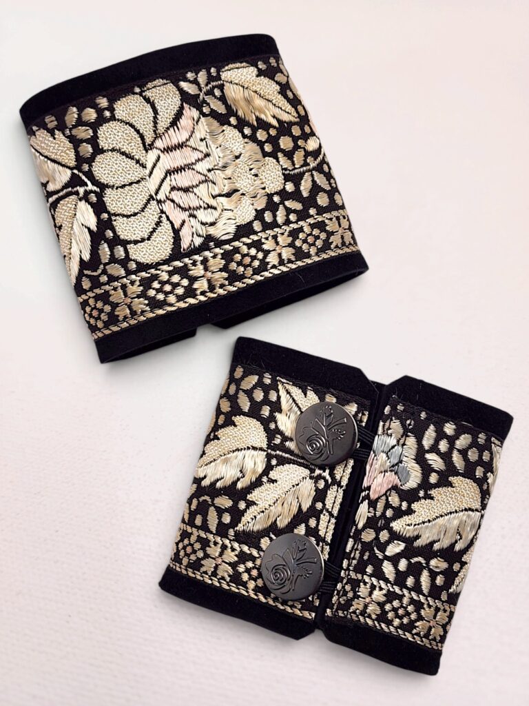Vintage Embroidered Indian Parsi Silk Flower Cuff Bracelet in Antique Silver with Blush Pink and Gray-Blue, Black Suede Backing