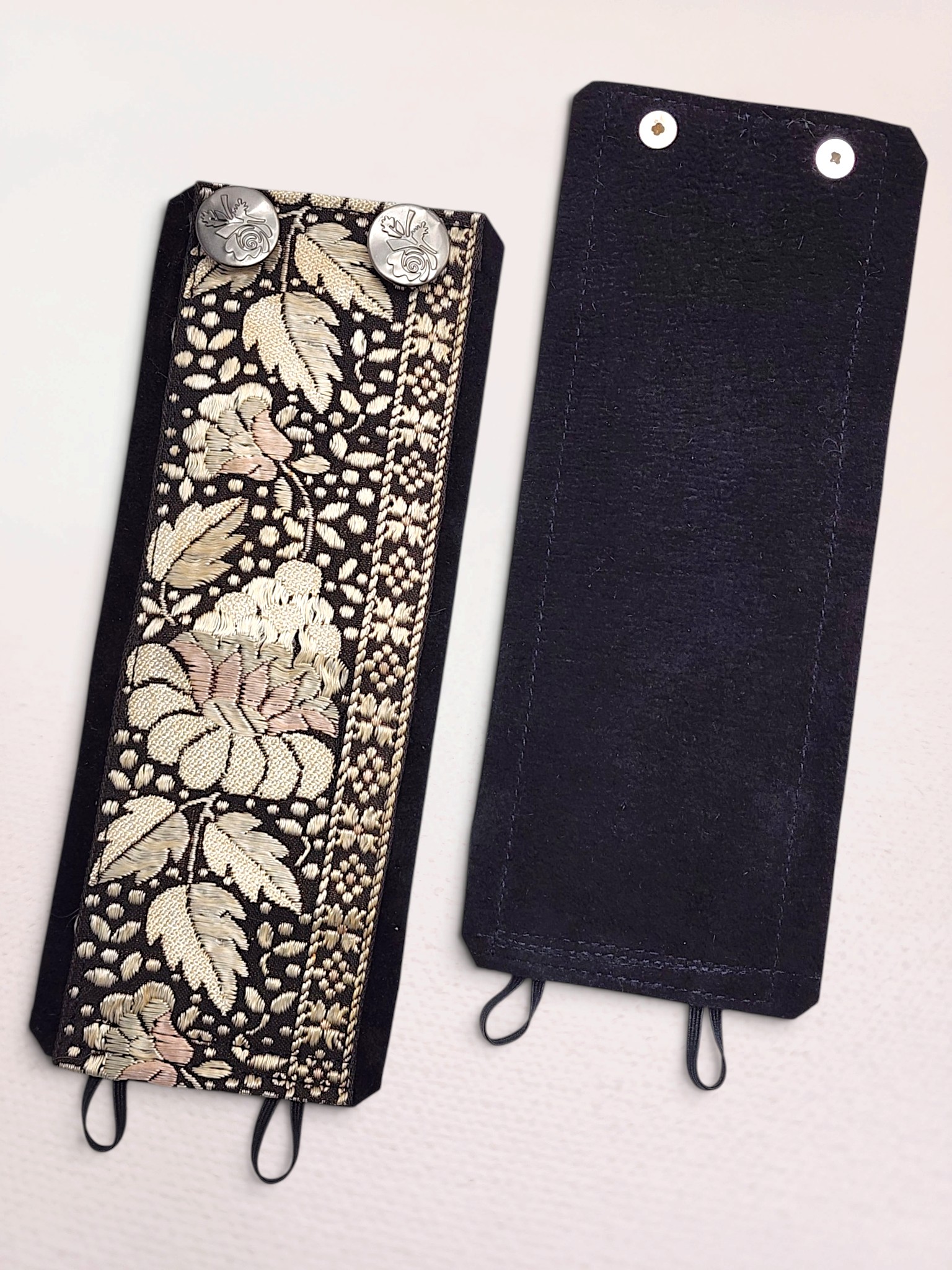 Vintage Embroidered Indian Parsi Silk Flower Cuff Bracelet in Antique Silver with Blush Pink and Gray-Blue, Black Suede Backing