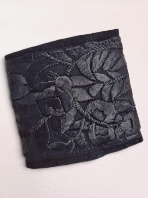 Vintage Indian Black Rayon Floral Embroidered Crepe-Back Trim Gothic Cuff Bracelet