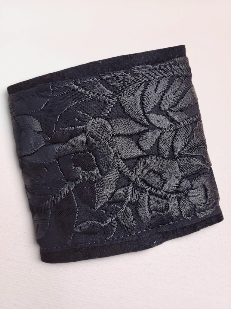 Vintage Indian Black Rayon Floral Embroidered Crepe-Back Trim Gothic Cuff Bracelet