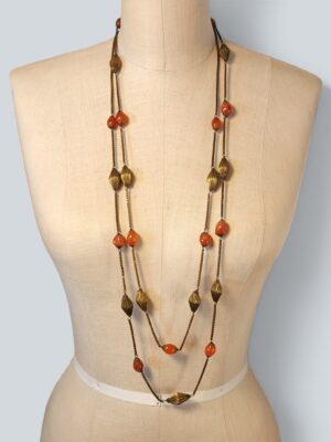 Vintage Sri Lankan Brass and Carnelian Bead Long Necklace with Ribbed Brass Beads and Box Chain